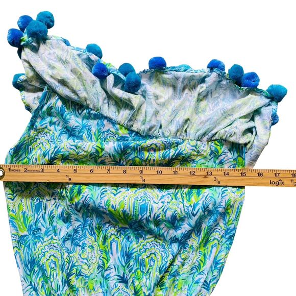 Lilly Pulitzer Idara One-Shoulder Romper XXS Green Blue Pom-Pom Resort Cruise - Picture 3 of 6